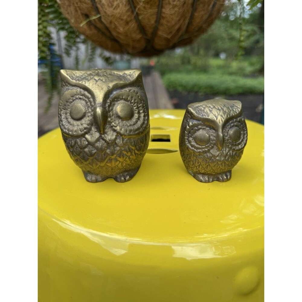 Solid Brass Owls Set With Patina No Markings Decor Paperweight Vintage
